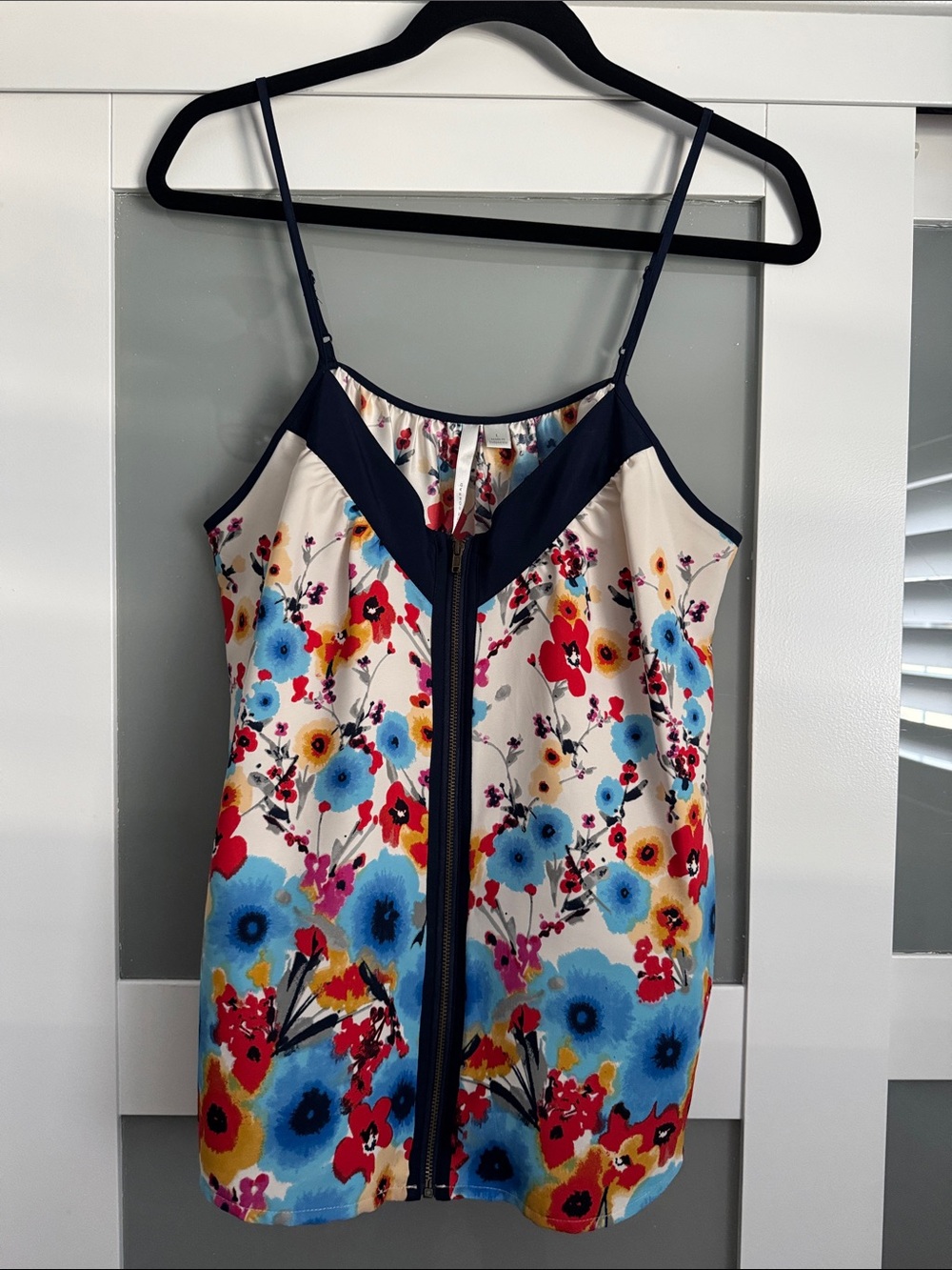 LC Lauren Conrad Cream Floral Zip-Front Cami with Navy Trim